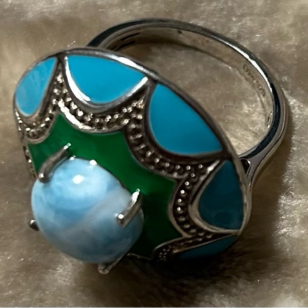 Larimar and Enameled Flower Ring in Platinum Over Sterling Silver 3.90 ctw size7